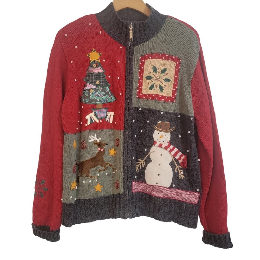 Women's Vintage Karen Scott Sport Christmas Cardigan Full‎ Zip Petite Size PL
